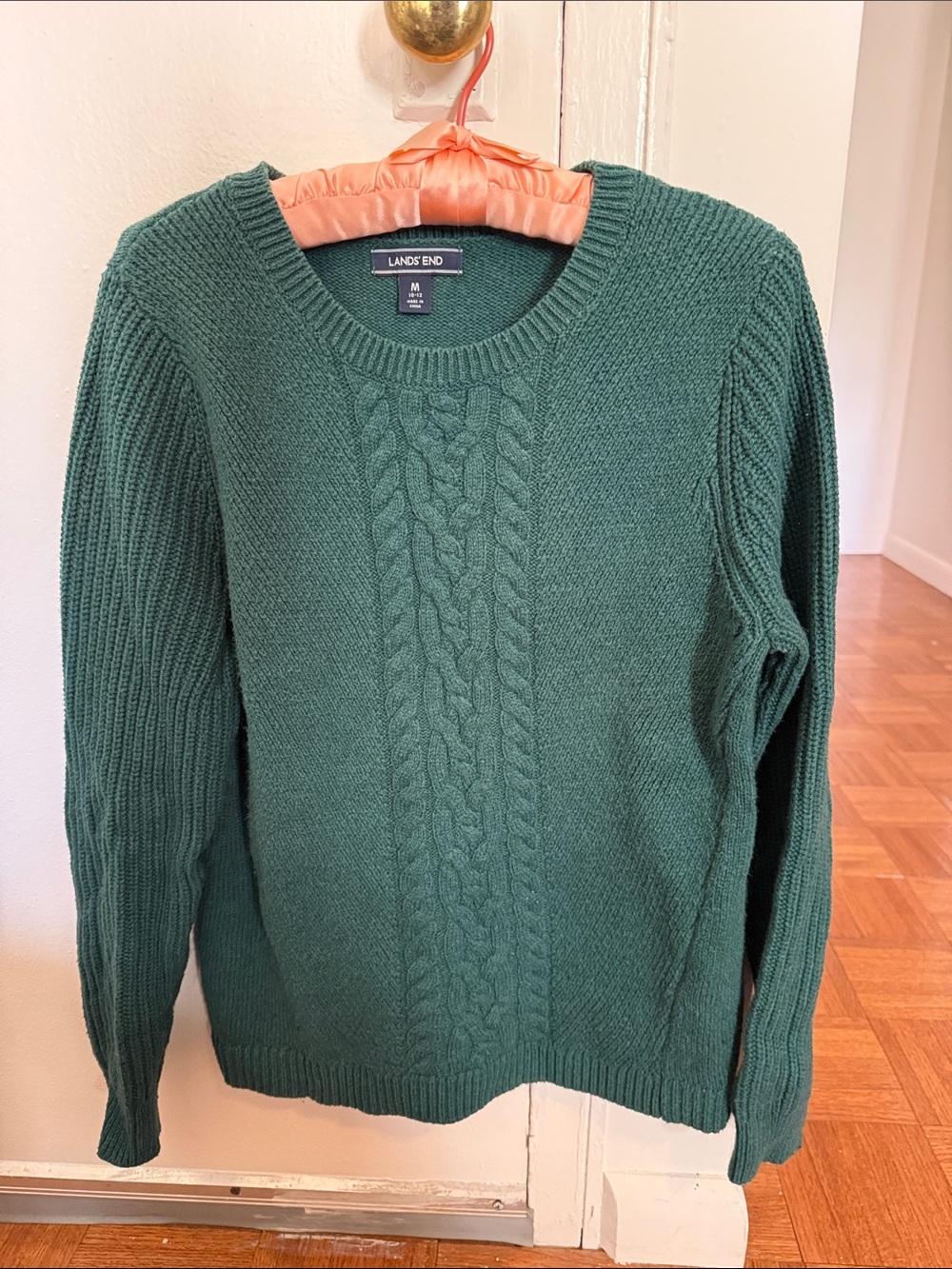 Lands' End Forest Green Cable-Front Crewneck Sweater